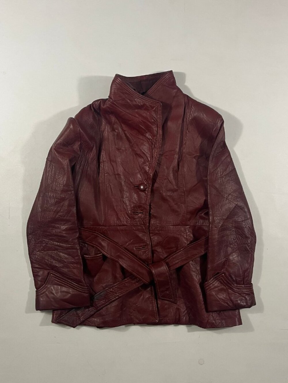 Vintage 80s Oxblood Burgundy Leather Belted Peplum Jacket Stand Collar